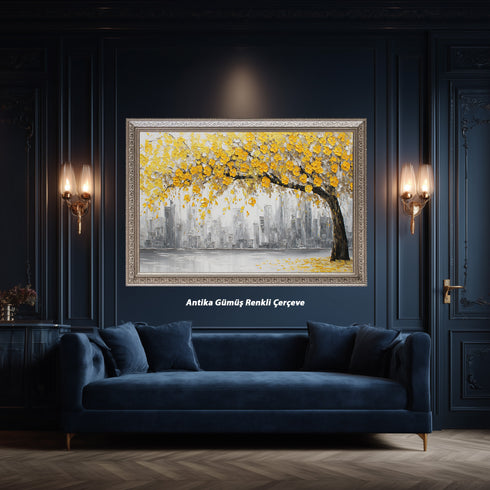 Sarı Çiçekli Ağaç ve Gri Şehir Silüeti Tablosu Modern Soyut Kanvas Duvar Dekoru Salon Ofis İçin Büyük Boy Şık Tasarım