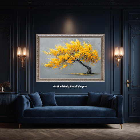 Sarı Yapraklı Rüzgarlı Ağaç Tablosu Modern Minimalist Kanvas Duvar Dekoru Salon Ofis Yatak Odası İçin Büyük Boy Soyut Tasarım