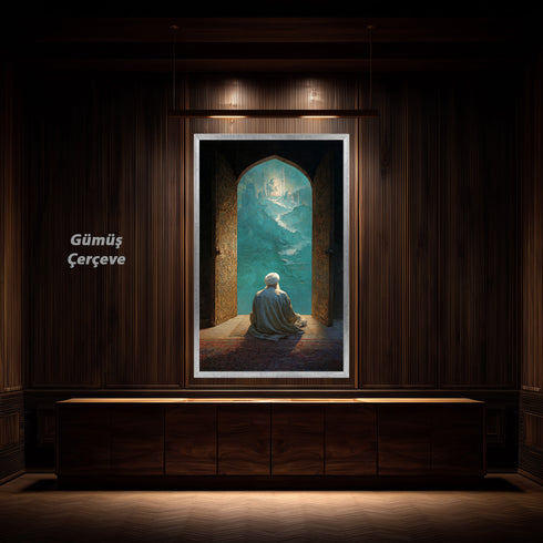 Kapıdan Camiye Bakan Derviş Kanvas Tablo – Manevi Yolculuk Temalı İslami Duvar Dekoru, Dini ve Huzur Veren Salon Tablosu