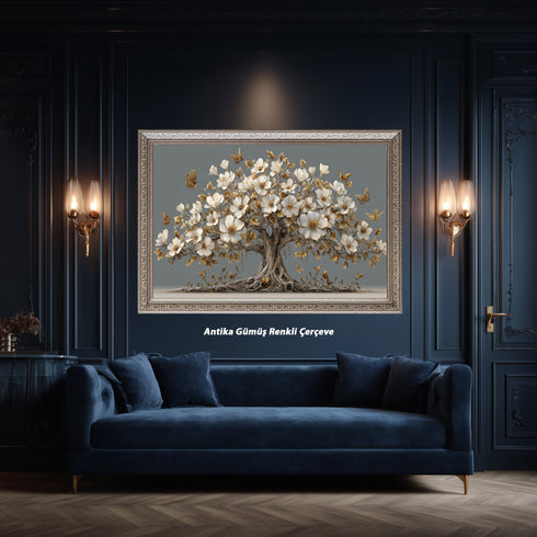 Altın Yapraklı Beyaz Çiçekli Ağaç Tablosu Kelebekli Lüks Kanvas Duvar Dekoru, Modern Dokulu Salon Yatak Odası Tablo