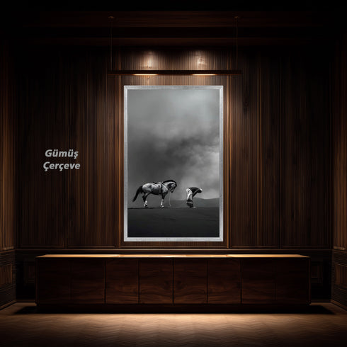 Namaz Kılan Müslüman ve At Silüeti Kanvas Tablo – Siyah Beyaz İslami Duvar Dekoru, Manevi ve Dini Anlamlı Salon Tablosu