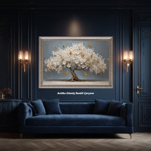 Beyaz Çiçekli Ağaç ve Altın Kelebekler Kanvas Tablo, Modern Çiçekli Duvar Dekoru, Salon ve Ofis için Şık Dekoratif Baskı Ev Hediyesi