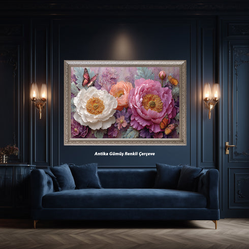 Pembe ve Beyaz Şakayık Çiçekli Kelebekli Tablo Romantik Vintage Kanvas Duvar Dekoru Salon Yatak Odası İçin Zarif Tasarım