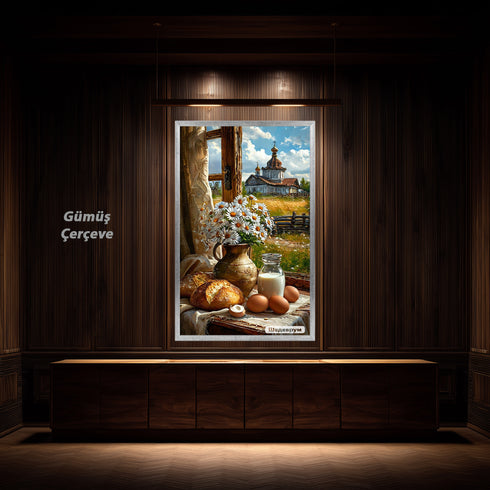 Kır Evi Penceresinde Natürmort Sanat Baskısı, Papatyalar Ekmek ve Süt ile Kırsal Yaşamın Sıcaklığı, Nostaljik Duvar Dekoru