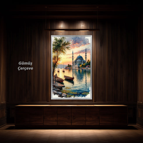 Gün Batımında Boğaz ve Tarihi Cami Manzarası Sanat Baskısı, İstanbul Temalı Suluboya Tablo ve Huzur Veren Klasik Duvar Dekoru
