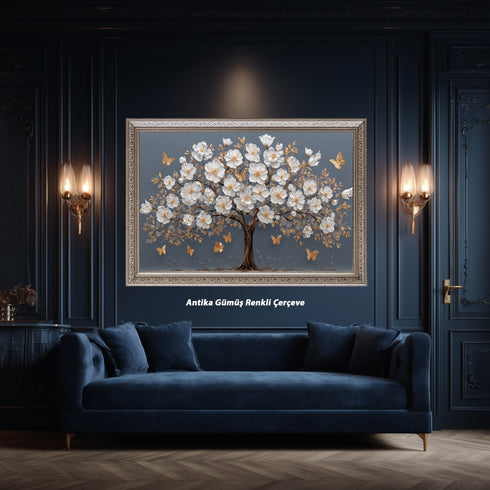 Beyaz Çiçekli Ağaç Tablosu Altın Yapraklı Kelebekli Kanvas Duvar Dekoru, Modern Dokulu Salon Yatak Odası Tablo