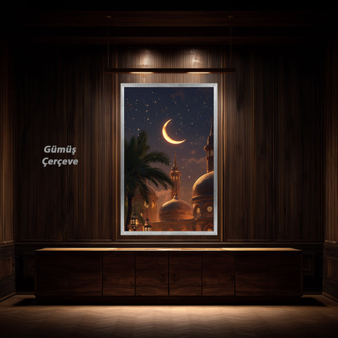 Hilal ve Yıldızlı Gece Camii Manzarası Kanvas Tablo – Ramazan Temalı İslami Duvar Dekoru, Dini ve Manevi Salon Tablosu