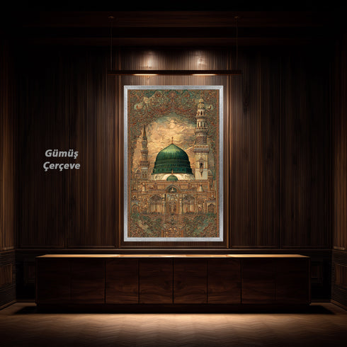 Mescid-i Nebevi Yeşil Kubbe Osmanlı Desenli Kanvas Tablo – İslami Sanat Motifli Dini Duvar Dekoru, Medine Temalı Salon Tablosu