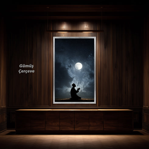 Dolunay Altında Dua Eden Müslüman Silüeti Kanvas Tablo – Gece ve Yıldız Temalı İslami Duvar Dekoru, Dini ve Manevi Salon Tablosu