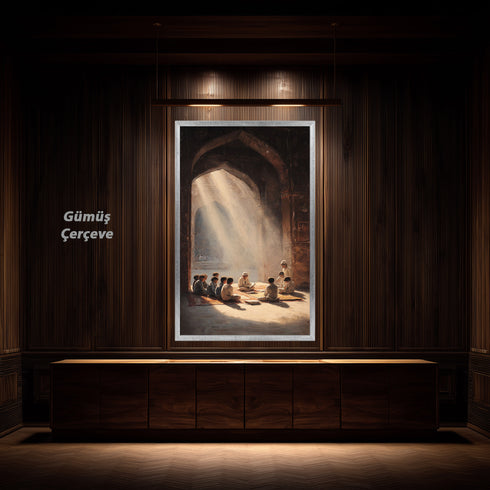 Kur’an Öğrenen Çocuklar Kanvas Tablo – Cami İçinde Manevi Eğitim Temalı İslami Duvar Dekoru, Dini ve Huzur Veren Salon Tablosu