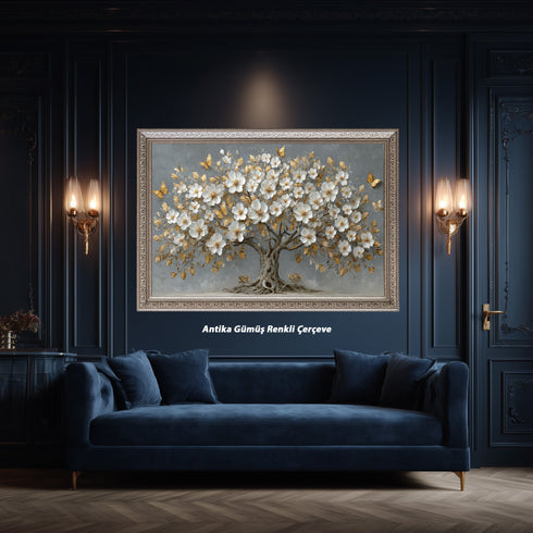 Altın Yapraklı Beyaz Çiçekli Ağaç Tablosu Kelebekli Lüks Kanvas Duvar Dekoru, Modern Dokulu Salon Yatak Odası Tablo