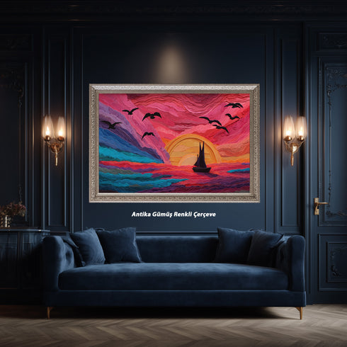 Kızıl Gün Batımı ve Yelkenli Tablosu Soyut Deniz Manzarası Modern Kanvas Duvar Dekoru Salon Ofis Yatak Odası İçin Büyük Boy Sanatsal Tasarım