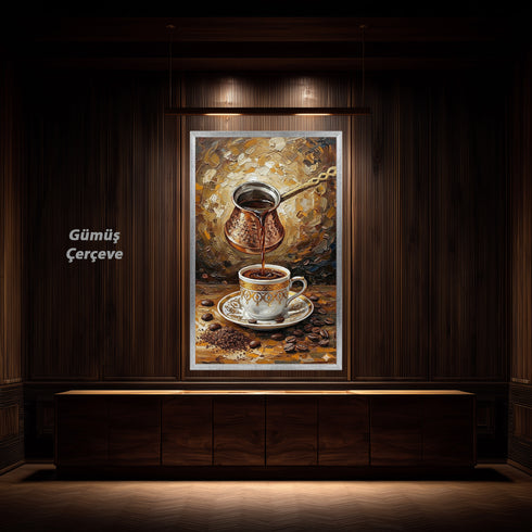 Türk Kahvesi Ritüeli Yağlı Boya Sanat Baskısı, Cezveden Fincana Akan Kahve ile Geleneksel ve Sıcak Duvar Dekoru