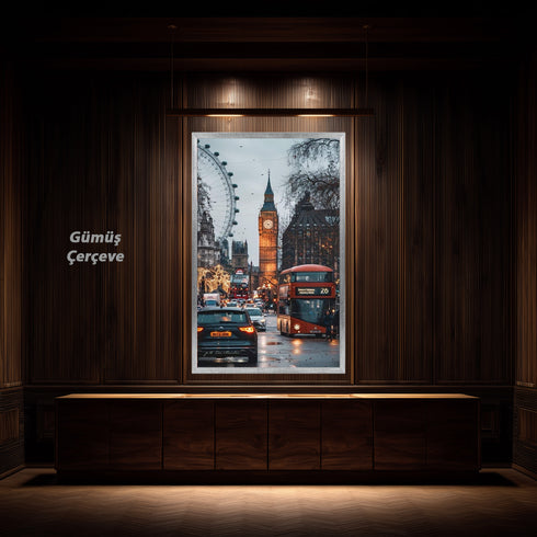 Londra Big Ben ve Kırmızı Otobüs Şehir Manzarası Sanat Baskısı, Yağmurlu Akşam Sokakları ve İkonik Şehir Duvar Dekoru Modern Ofis İçin