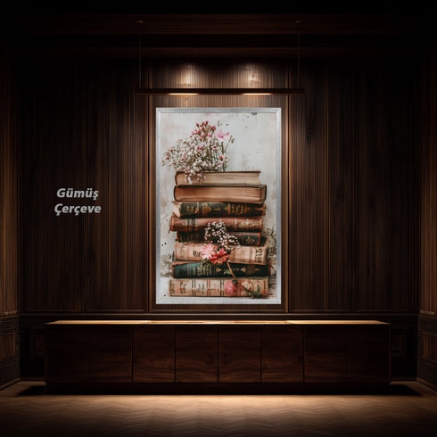 Vintage Kitap Yığını ve Zarif Çiçekler, Nostaljik ve Romantik Atmosferli Estetik Natürmort Sanat Tablosu