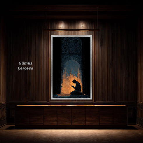 Mihrab Önünde Dua Eden Müslüman Silüeti Kanvas Tablo – Işık ve Gölge Temalı İslami Duvar Dekoru, Manevi ve Dini Salon Tablosu