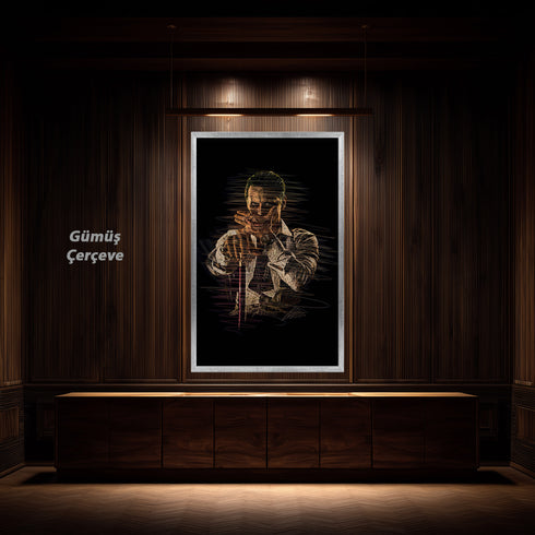 Patrick Bateman American Psycho Scribble Art Kanvas Tablo | Kült Film Karakteri Siyah Zemin Duvar Sanatı | Modern Sinema ve Ofis Dekoru