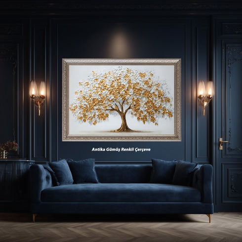 Altın ve Beyaz Çiçekli Hayat Ağacı Tablosu Kabartmalı Lüks Modern Kanvas Duvar Dekoru Salon Yatak Odası İçin Büyük Boy Tasarım