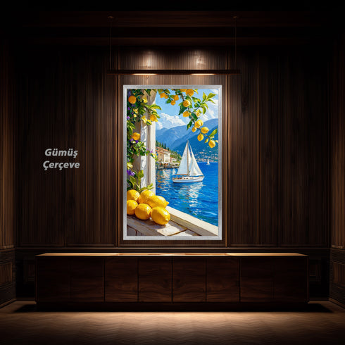 Limon Ağaçları ve Mavi Deniz Manzarası Sanat Baskısı, Akdeniz Sahilinde Yelkenli Tekne ile Yaz Esintili Duvar Dekoru