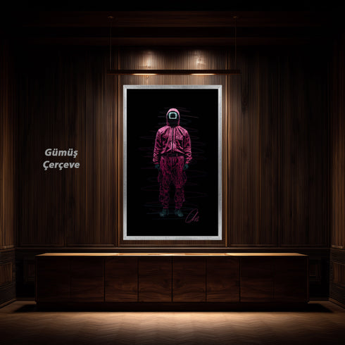 Squid Game Pembe Asker (Kare Maske) Scribble Art Kanvas Tablo | Netflix Kore Dizisi Kanvas Tablo