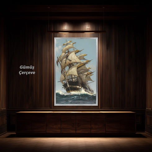 Fırtınalı Denizde Yelkenli Gemi Suluboya Sanat Baskısı, Denizcilik ve Macera Temalı Klasik Tablo Duvar Dekoru