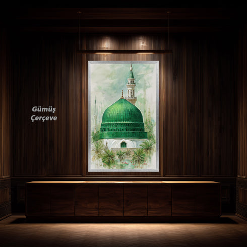 Yeşil Kubbe Mescid-i Nebevi Kanvas Tablo – Medine Ravza-i Mutahhara İslami Duvar Dekoru, Dini Huzur Temalı Salon Tabl
