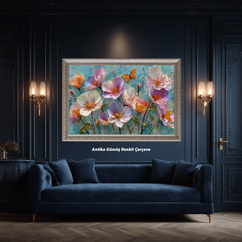 Turkuaz Zeminli Renkli Çiçekler ve Kelebek Tablosu Modern Soyut Kanvas Duvar Dekoru Salon Yatak Odası İçin Canlı Tasarım