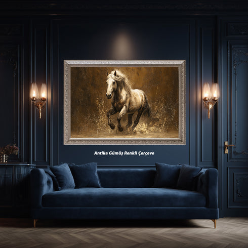 Koşan Beyaz At Tablosu Altın Bej Dokulu Arka Planlı Modern Kanvas Duvar Dekoru, Salon Ofis İçin Büyük Boy At Figürlü Tablo