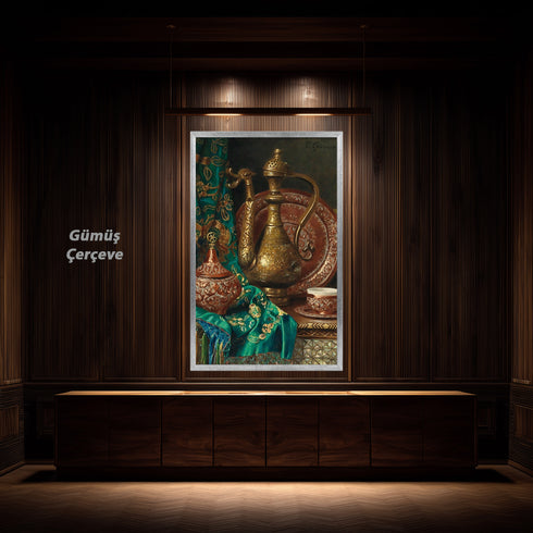 Oryantal Natürmort Sanat Tablosu Poster, Osmanlı İbriği Kahve Fincanı ve İşlemeli Kumaşlı Klasik Doğu Temalı Duvar Sanatı