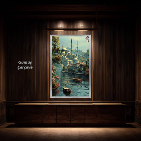 Boğazda Tarihi Cami ve Kayıklar Manzarası Sanat Baskısı, İstanbul’un Yeşil Doğası ve Sakin Suları ile Klasik Duvar Dekoru