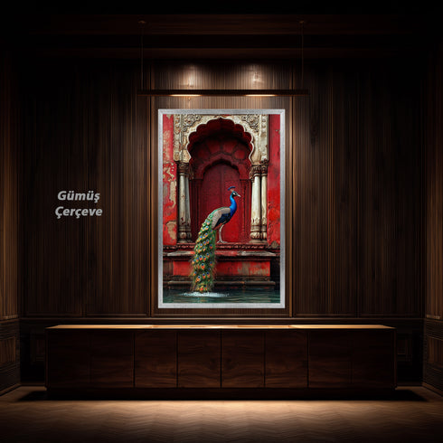 Kırmızı Oryantal Kapı ve Tavus Kuşu Sanat Baskısı, Doğu Mimarisi ve Zarif Detaylarla Egzotik Duvar Dekoru Tablo