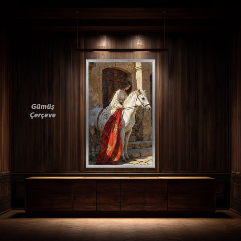 Tarihi Taş Mekânda Beyaz At Üzerinde Zarif Kadın, Orta Çağ Esintili Romantik Sahne, Klasik ve Epik Sanat Tarzında Duvar Dekoru