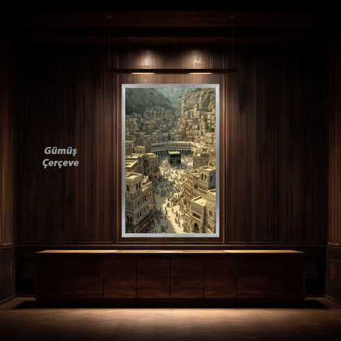 Eski Kabe-i Muazzama ve Mekke Şehir Manzarası Kanvas Tablo – Hac ve Umre Temalı İslami Duvar Dekoru, Dini ve Manevi Salon Tablosu