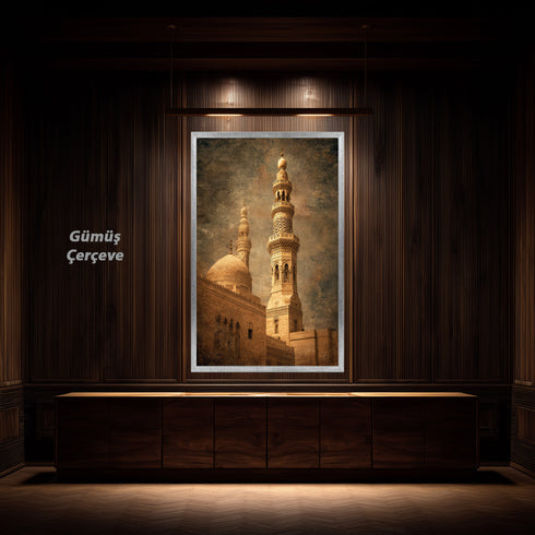 Tarihi Cami Minaresi ve Kubbe Kanvas Tablo – Osmanlı Mimari Temalı İslami Duvar Dekoru, Dini ve Klasik Salon Tablosu
