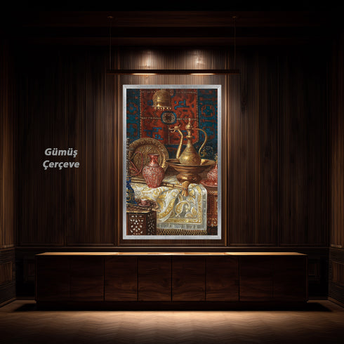 Oryantal Natürmort Sanat Tablosu Poster, Osmanlı İbriği ve Metal Objelerle Klasik Doğu Duvar Sanatı