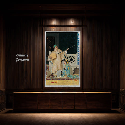 Oryantal Müzik Sahnesi Sanat Tablosu Poster, Osmanlı Dönemi Ud ve Def Çalan Kadınlar ile Klasik Doğu Temalı Duvar Sanatı Baskısı