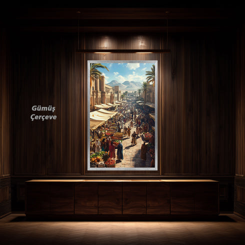 Antik Doğu Pazarı Manzarası Sanat Tablosu Poster, Palmiye Ağaçları ve Tarihi Mimari Arasında Canlı Oryantal Çarşı Sahnesi Duvar Sanatı