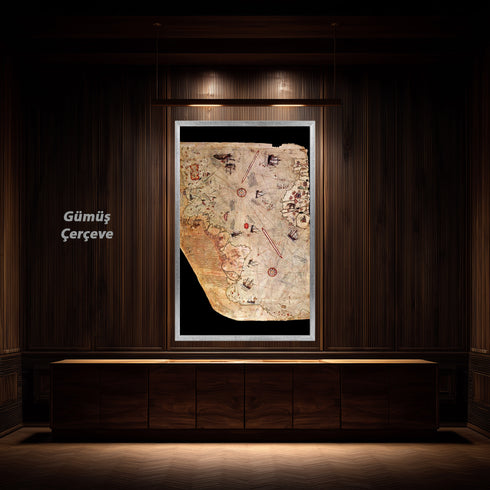 Piri Reis Tarihi Deniz Haritası ve Keşif Roteleri, Antik Kartografya Detaylarıyla Oryantal ve Nostaljik Dünya Haritası Sanat Eseri