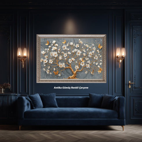 Gri Mermer Zeminli Altın Dallı Beyaz Çiçekli Ağaç Tablosu Kelebekli Lüks Modern Kanvas Duvar Dekoru Salon İçin Şık Tasarım