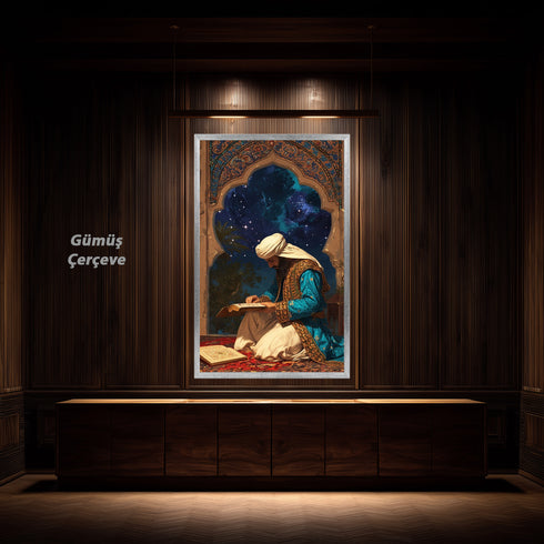 Kur’an-ı Kerim Okuyan Alim Kanvas Tablo – Gece Yıldızlı Gökyüzü Temalı İslami Duvar Dekoru, Dini ve Manevi Sanat Eseri