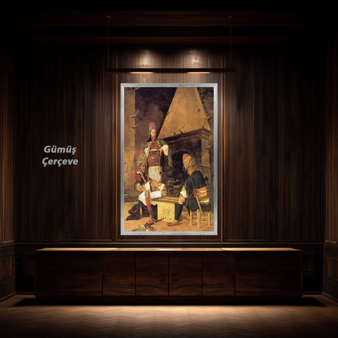 Tavla Oynayan Zeybekler, Osmanlı Dönemi Kıyafetleriyle Geleneksel Kahvehane Sahnesini Yansıtan Nostaljik Sanat Tablosu