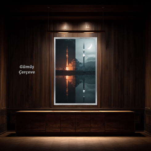 Gece ve Hilal Işığında Camii Kanvas Tablo – İslami Duvar Dekoru, Dini Mimari Sanat Eseri, Modern ve Klasik Ev Dekorasyonu