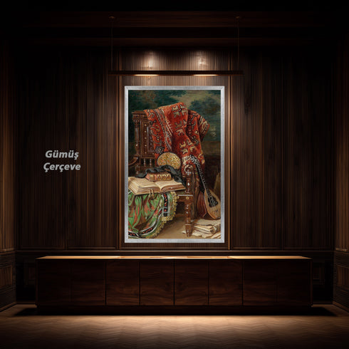 Oryantal Sandalye ve Ud ile Klasik Natürmort Sanat Baskısı, El Yazması Kitaplar ve Kilim Desenleriyle Tarihi Duvar Dekoru