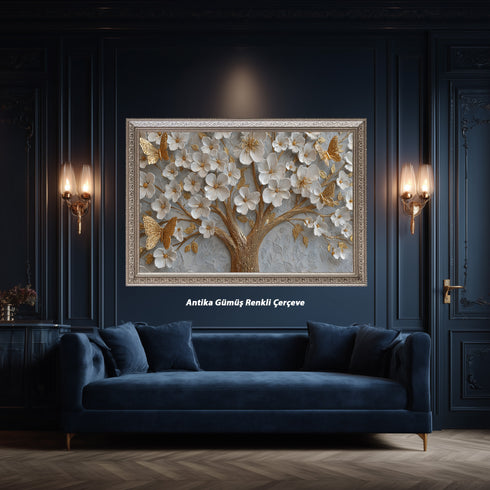 Altın Kelebekli Beyaz Çiçekli Ağaç Tablosu Kabartmalı Lüks Modern Kanvas Duvar Dekoru, Salon Yatak Odası İçin Şık Tablo