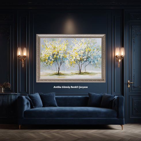 Sarı Beyaz Çiçekli Ağaç Tablosu Modern Soyut Kanvas Duvar Dekoru, Salon Yatak Odası İçin Büyük Boy Manzara Tablo