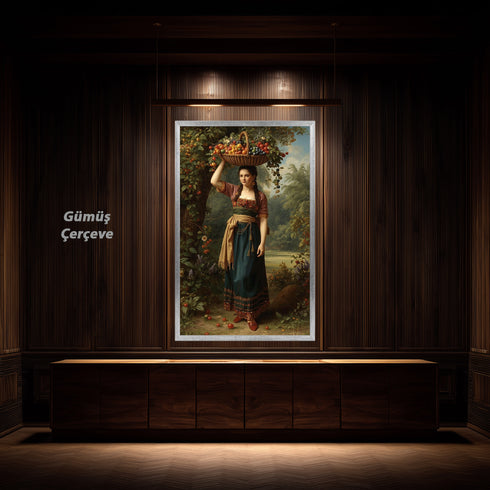 Meyve Sepeti Taşıyan Kırsal Kadın Sanat Baskısı, Doğal Bereket ve Geleneksel Yaşam Temalı Klasik Yağlı Boya Stil Duvar Dekoru