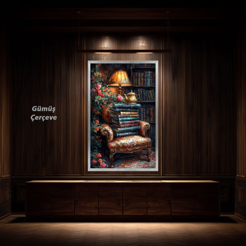 Kitaplarla Dolu Kütüphane Köşesi ve Çaydanlık Sanat Baskısı, Vintage Okuma Atmosferi, Çiçekli Klasik Koltuk ile Nostaljik Duvar Dekoru