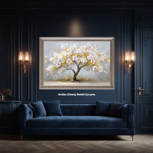 Beyaz Çiçekli ve Altın Yapraklı Ağaç Tablosu Modern Kanvas Duvar Dekoru, Salon Yatak Odası İçin Büyük Boy Şık Tablo