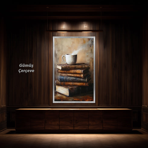Buharlı Kahve Fincanı ve Eski Kitaplar, Sıcak ve Huzurlu Atmosferli Nostaljik Okuma Köşesi Temalı Sanat Tablosu
