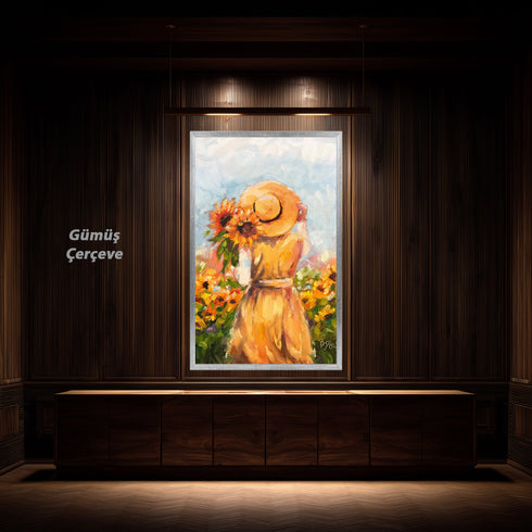 Ayçiçekleri Arasında Şapkalı Kadın, Yaz Esintili Romantik Kırsal Sahneyle Sıcak ve Huzur Veren Sanat Tablosu